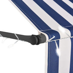 Blue and white manual retractable awning with solar LED lights and adjustable steel frame.