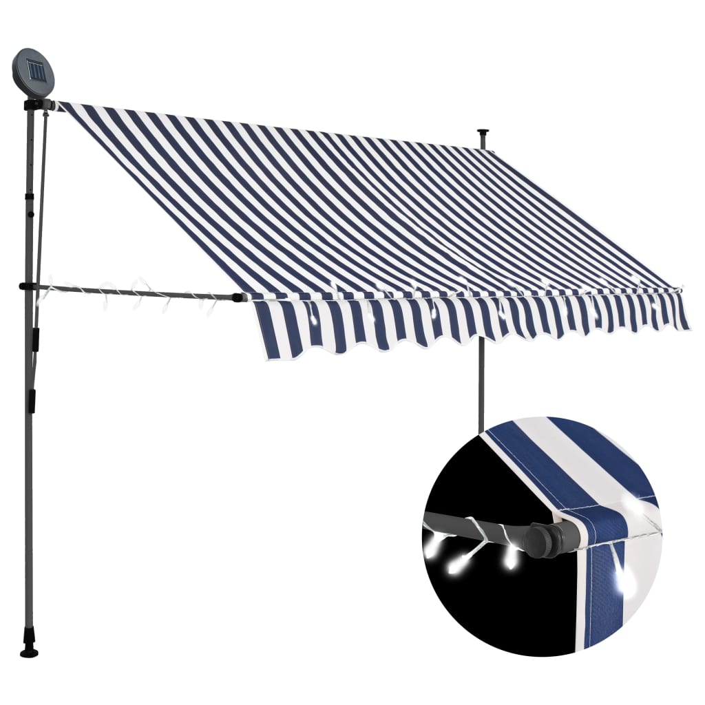 Blue and white manual retractable awning with LED lights, 98.4 inches wide.
