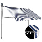 Blue and white manual retractable awning with LED lights, 98.4 inches wide.