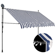 Blue and white manual retractable awning with LED lights, 98.4 inches wide.