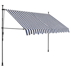 Blue and white manual retractable awning with integrated LED lights, 98.4 inches wide.