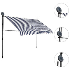 Bostome manual retractable awning in blue and white with integrated LED lights, 98.4 inches wide.