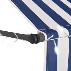 Bostome blue and white manual retractable awning with LED lights, 98.4 inches wide.