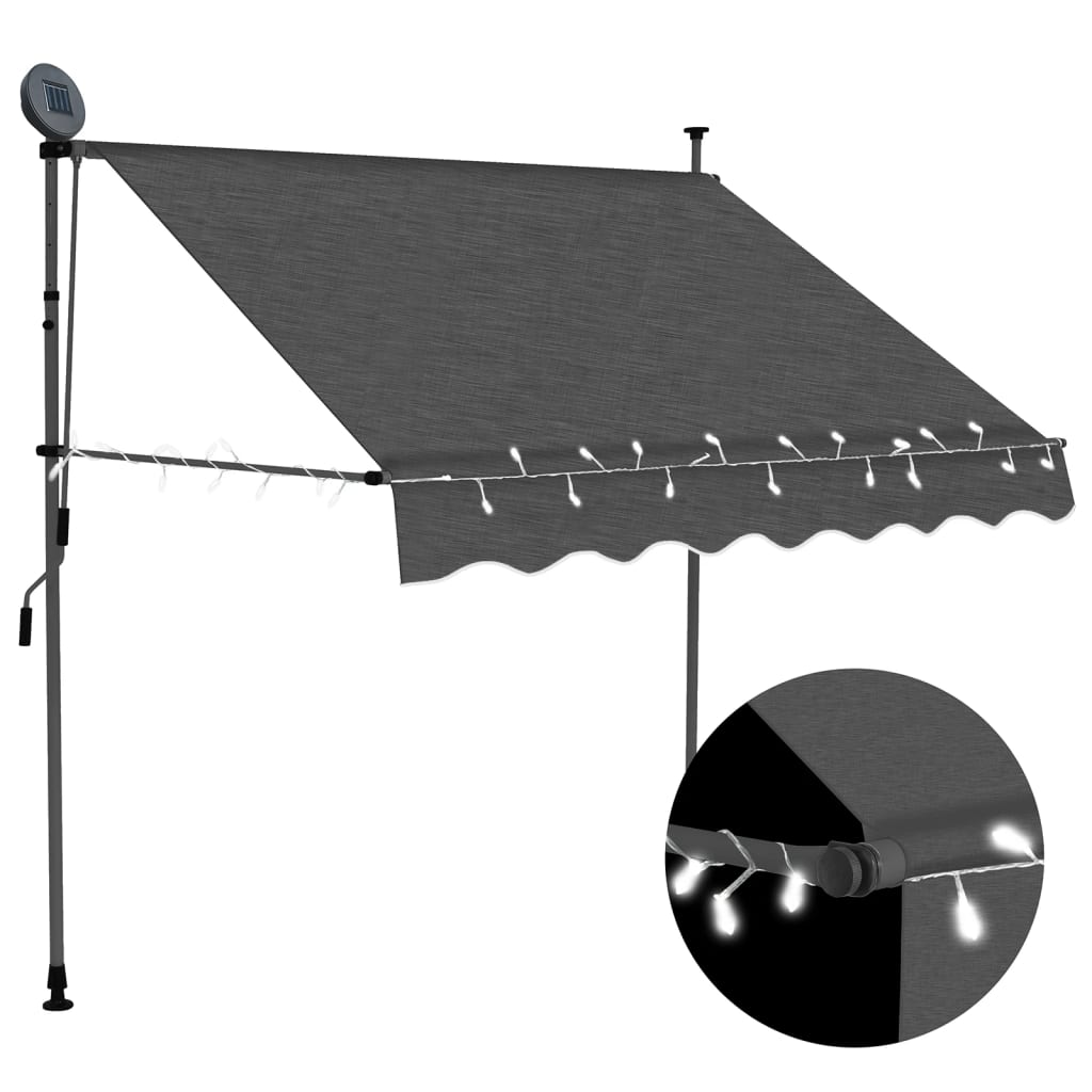 Anthracite manual retractable awning with solar LED lights, 59.1 inches wide.