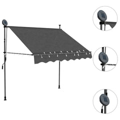 Anthracite manual retractable awning with solar LED lights and adjustable steel frame.