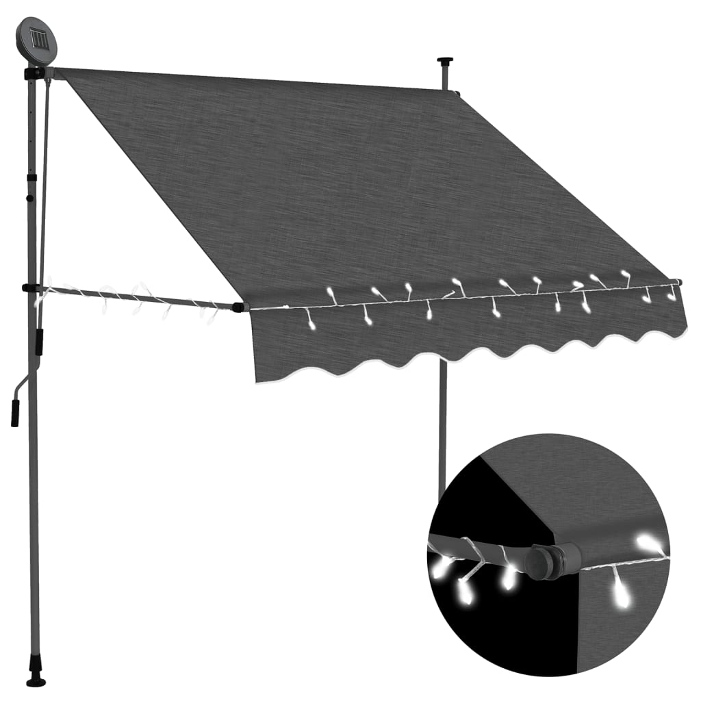 Anthracite manual retractable awning with LED lights, 78.7 inches wide, extended on steel frame.