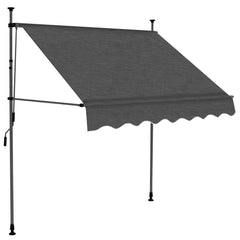 Anthracite manual retractable awning with LED lights, 78.7 inches wide, extended on steel poles.