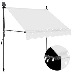 Cream manual retractable awning with LED lights and adjustable steel frame for outdoor use