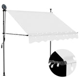 Cream manual retractable awning with LED lights, adjustable height and width for outdoor shade.