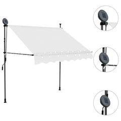 Cream manual retractable awning with LED lights, 59.1 inches wide, mounted on a steel frame.
