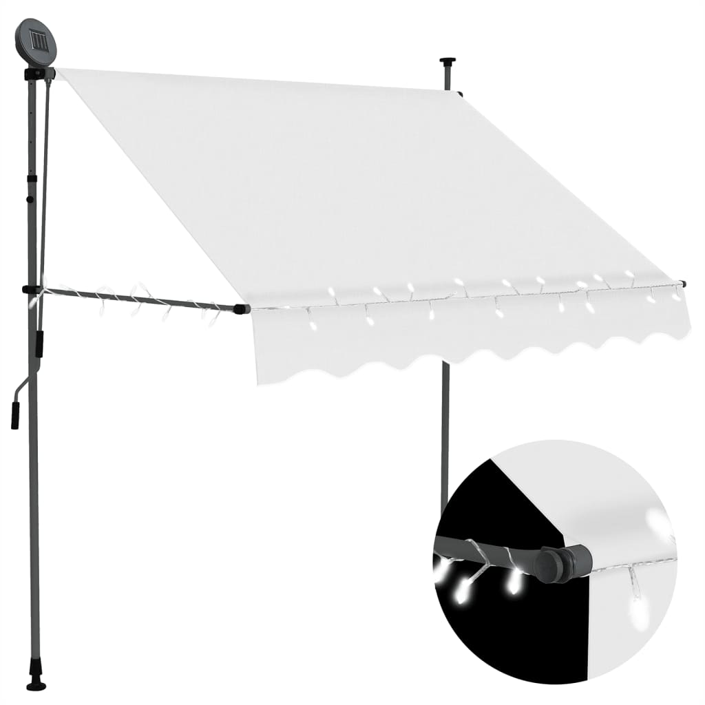 Cream manual retractable awning with LED lights and adjustable steel frame, 78.7 inches wide.