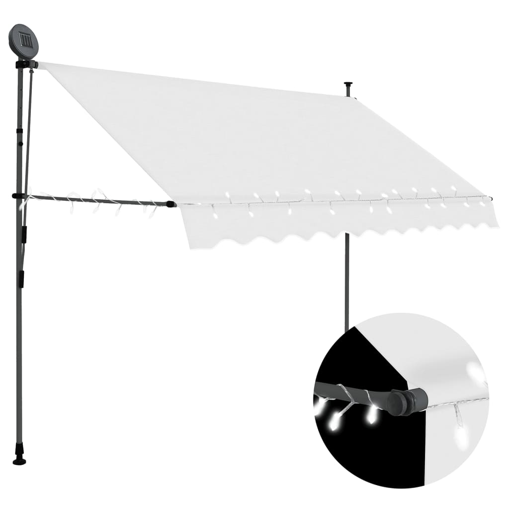 Cream manual retractable awning, 118.1in wide, with solar LED lights and steel frame.
