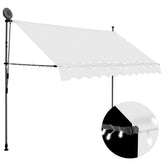 Cream manual retractable awning, 118.1in wide, with solar LED lights and steel frame.