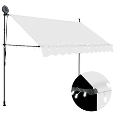 Cream manual retractable awning, 118.1in wide, with solar LED lights and steel frame.