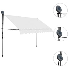 Cream manual retractable awning with steel frame and solar LED lights, adjustable height and angle.