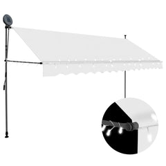 Cream manual retractable awning with LED lights, 137.8 inches wide and adjustable height.