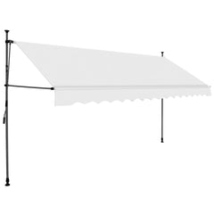 Cream manual retractable awning with LED lights, 137.8 inches wide and adjustable steel frame.