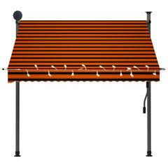 Orange and brown manual retractable awning with LED lights, 78.7 inches wide.