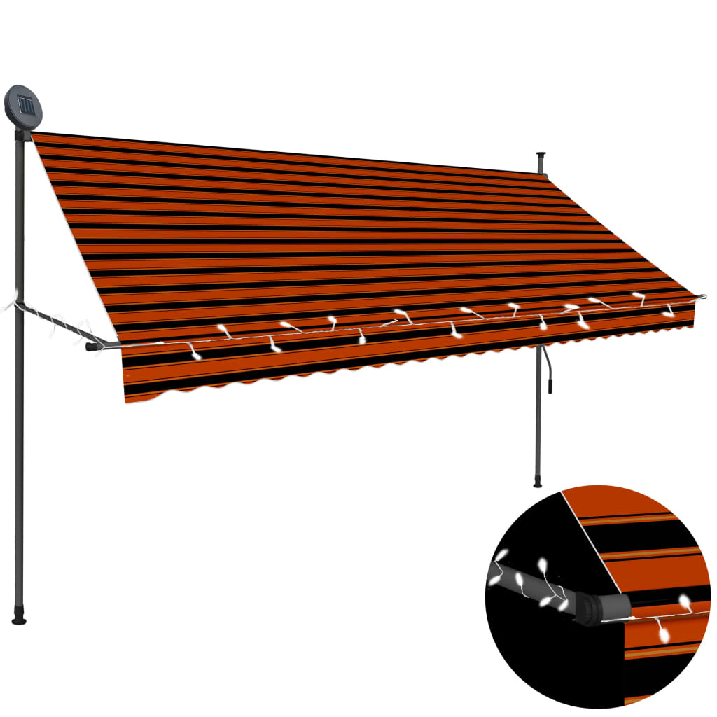 Orange brown manual retractable awning with LED lights and adjustable steel frame, 118.1 inches wide