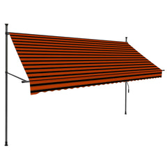 Orange brown manual retractable awning, 118.1 inches wide, with LED lights and striped canopy.