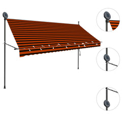 Manual retractable orange brown awning with LED lights and steel frame, 118.1 inches wide.