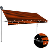 Orange brown manual retractable awning with LED lights, 137.8 inches wide, extended on poles.