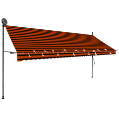 Orange brown manual retractable awning with LED lights, 157.5 inches wide, on steel frame.