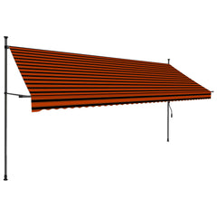 Orange brown manual retractable awning with LED lights, extended on metal frame.