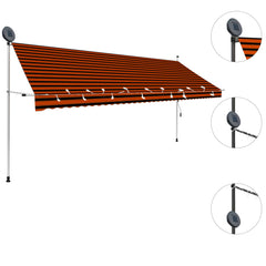 Orange brown manual retractable awning with LED lights, 157.5 inches wide, on steel frame.