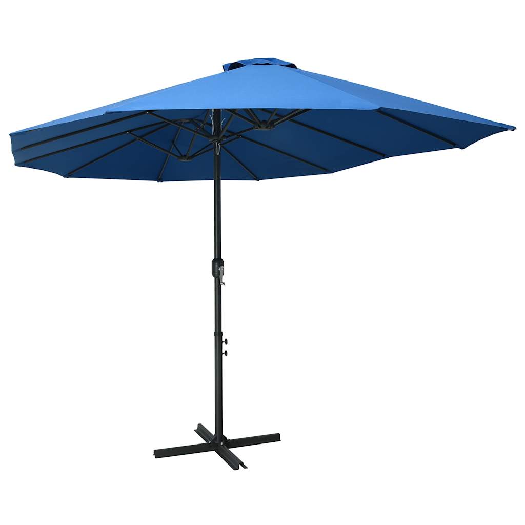Blue garden parasol with aluminum pole, 181.1x106.3 cm canopy, on cross base.