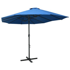 Blue garden parasol with aluminum pole, 181.1x106.3 cm canopy, on cross base.