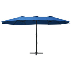 Blue garden parasol with aluminum pole, measuring 181.1x106.3 cm.