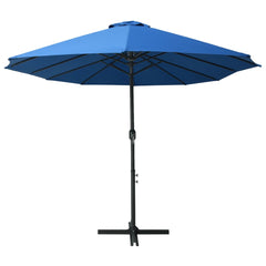 Blue garden parasol with aluminum pole and 181.1x106.3 cm canopy.