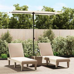 Sand white cantilever garden parasol with aluminum pole, providing shade over two lounge chairs.