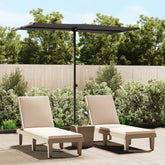 Anthracite garden parasol with aluminum pole and rectangular canopy, shading two lounge chairs.