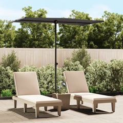 Anthracite garden parasol with aluminum pole and rectangular canopy, shading two lounge chairs.