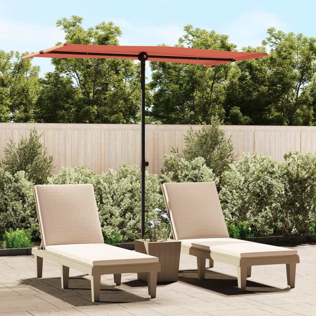 Terracotta garden parasol with aluminum pole and adjustable tilt, shading two beige lounge chairs.