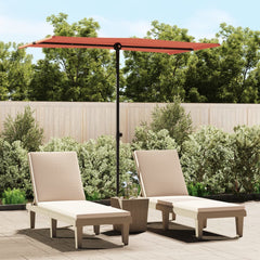 Terracotta garden parasol with aluminum pole and adjustable tilt, shading two beige lounge chairs.