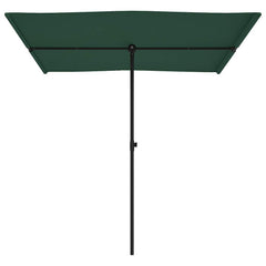 Green garden parasol with flat-top canopy and adjustable aluminum pole, 6.6 by 4.9 feet.