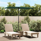 Green garden parasol with aluminum pole shading two beige lounge chairs on a patio.