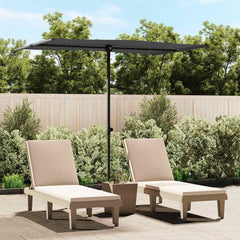 Anthracite garden parasol with aluminum pole shading two beige lounge chairs on patio