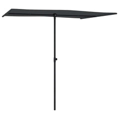 Black garden parasol with flat-top canopy and adjustable aluminum pole measuring 6.6 by 4.9 feet
