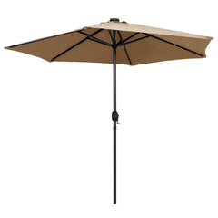Taupe 106.3-inch garden parasol with LED lights and black aluminum pole.