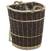 Natural willow firewood backpack with rope handles and woven bands, 17.5 x 14.6 x 19.7 inches.