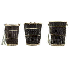 Three natural willow firewood backpacks in different sizes, with shoulder straps and woven designs.