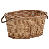 Oval natural willow firewood basket with rope handles, measuring 22.8x16.5x11.4 inches.