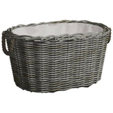 Gray woven willow firewood basket with handles, measuring 23.6x15.7x11 inches.