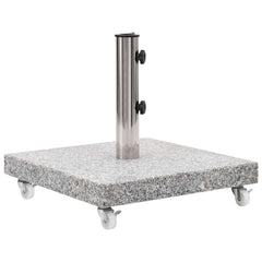 Square gray granite parasol base with stainless steel holder and four castors for mobility.