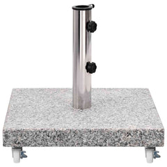 Square gray granite parasol base, 66.1 lb, with castors and stainless steel pole holder.