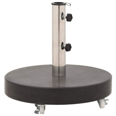 Round black granite parasol base with stainless steel bolts and four caster wheels for easy movement.